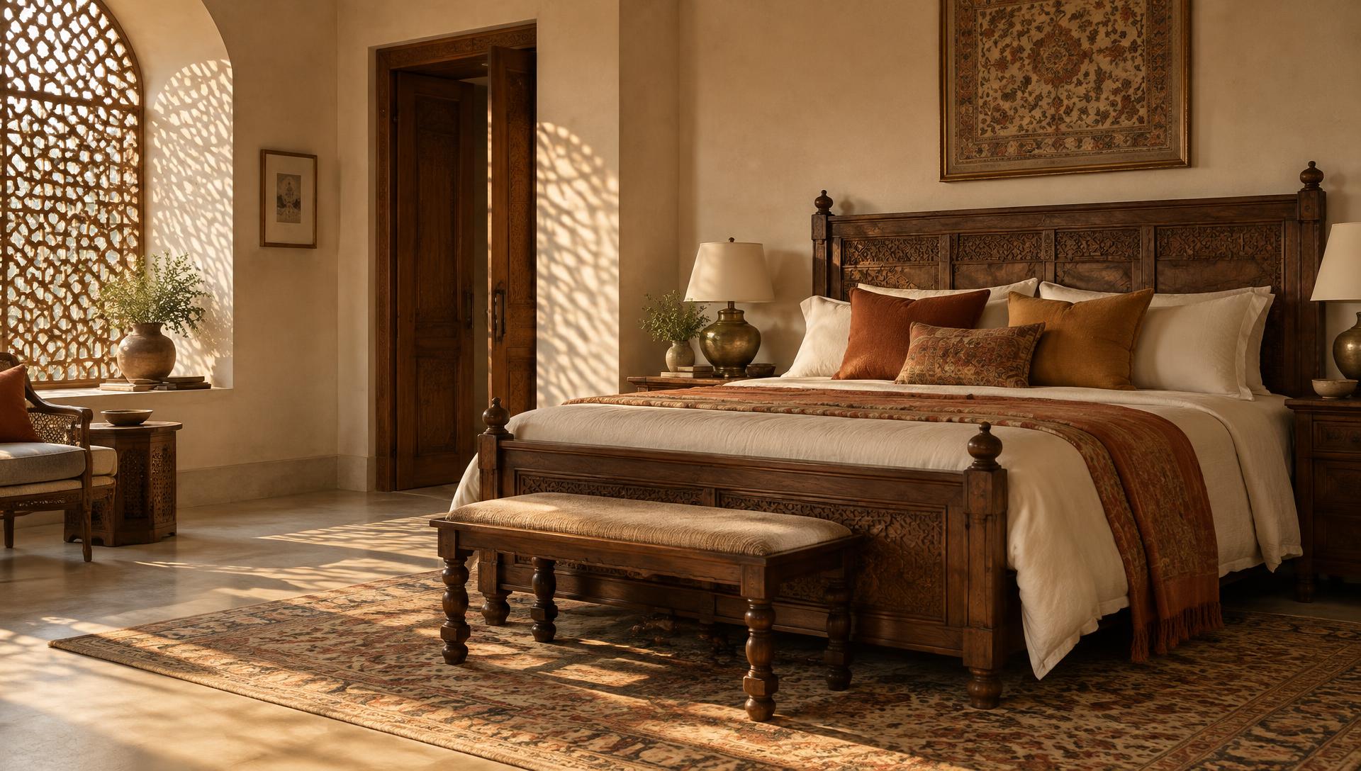 Carved wooden bed in a warm sunlit bedroom